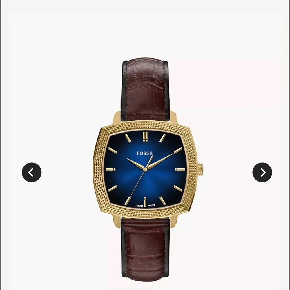 Fossil Gold-Tone Case Blue Sunburst Dial Watch with Brown Leather Strap